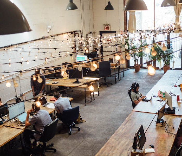 Different workers sitting at their desks in the co-working area